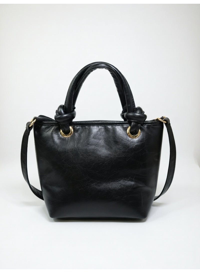 Elegant Knot Handle Shoulder Bag with Tassel & Gold Hardware-Black - Image 2