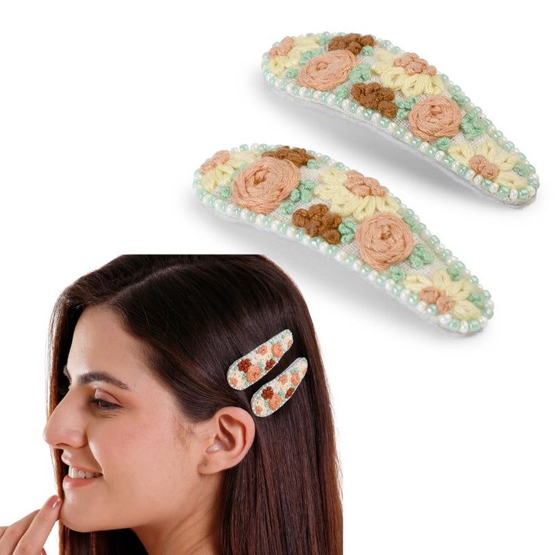 Radhu & Kabby Radhu Kabby Hand Embroidered Floral TicTac Pin Hair Clips for Women Girls Bead Work Handmade Unique Perfect Hair Accessories for Casual Special Occasions 1 Pair  - Image 1