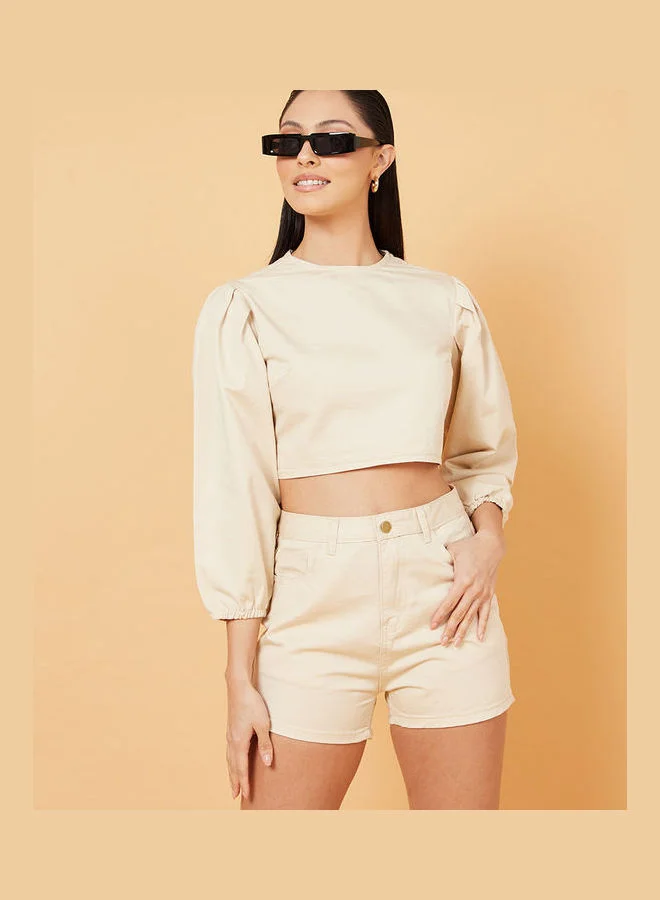 Styli 3/4 Sleeves Woven Crop Top and Denim Shorts Co-Ord Set