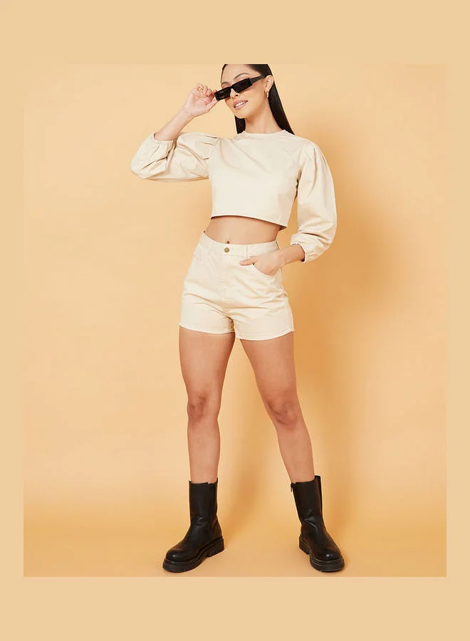 Styli 3/4 Sleeves Woven Crop Top and Denim Shorts Co-Ord Set