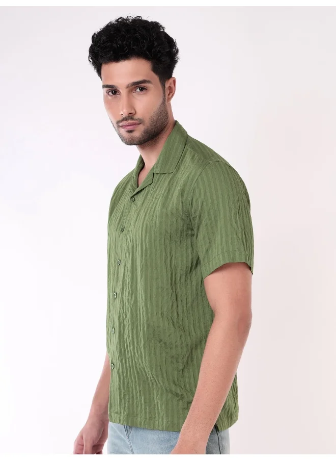 Beyoung Sage Green Striped Casual Shirt for Men