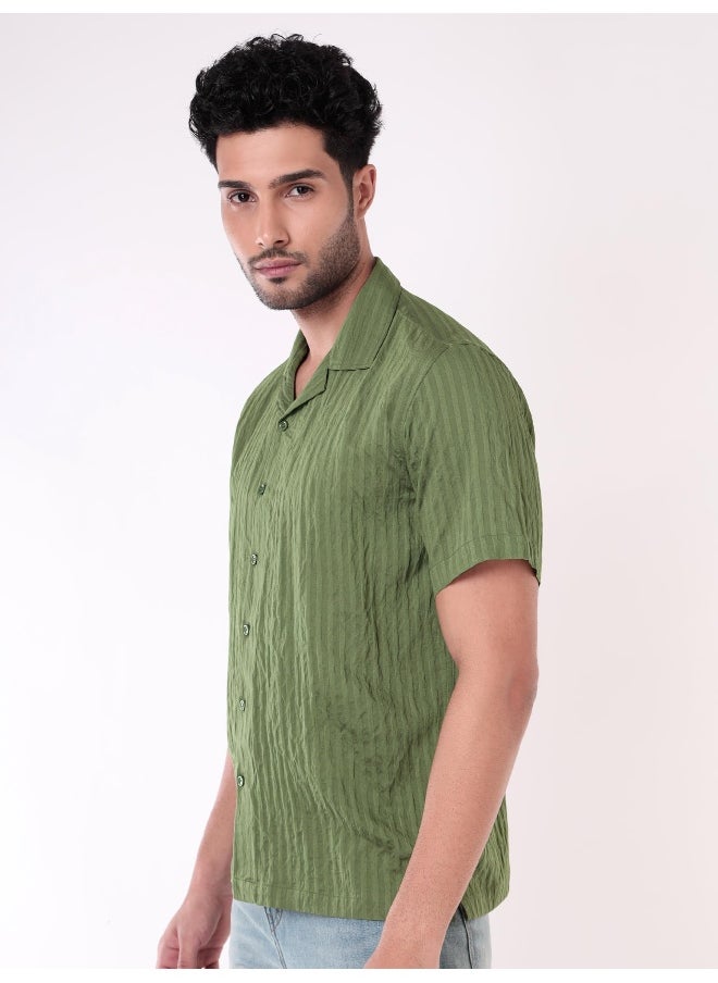 Beyoung - Sage Green Striped Casual Shirt for Men - Image 1