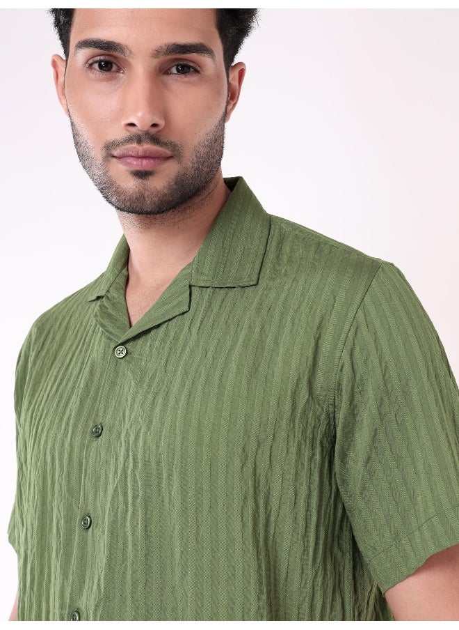 Beyoung - Sage Green Striped Casual Shirt for Men - Image 1