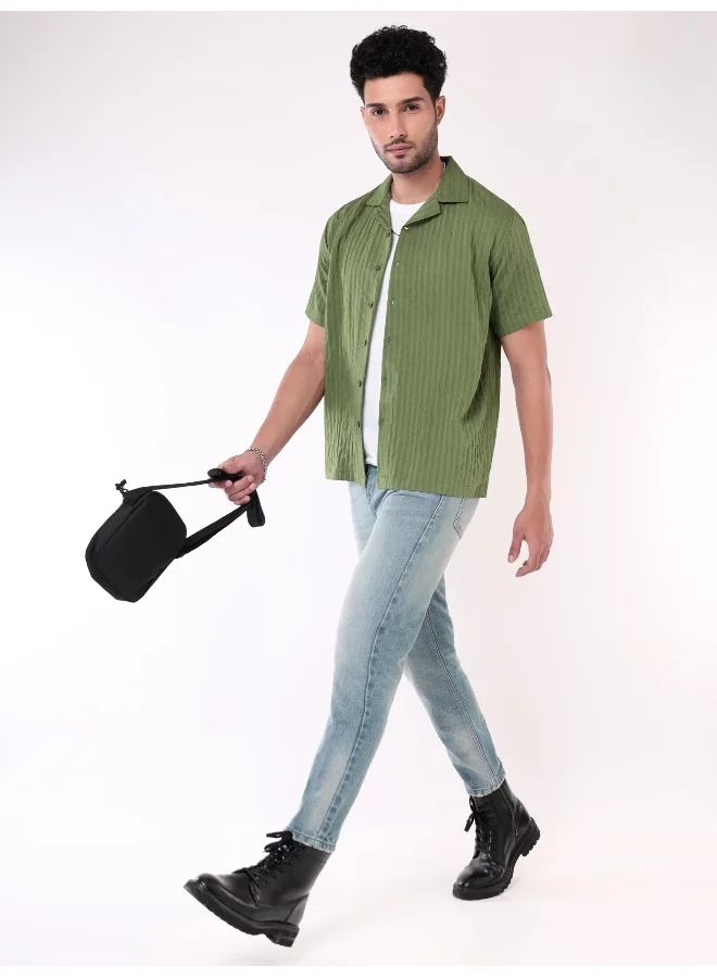 Beyoung Sage Green Striped Casual Shirt for Men