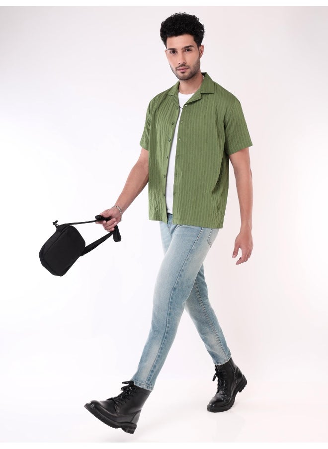 Beyoung - Sage Green Striped Casual Shirt for Men - Image 1