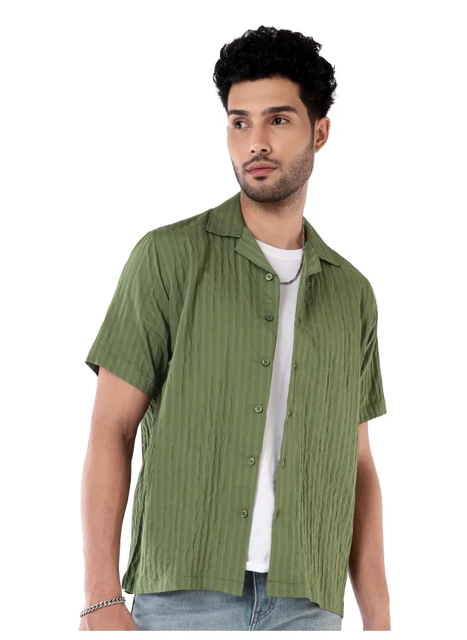 Beyoung Sage Green Striped Casual Shirt for Men