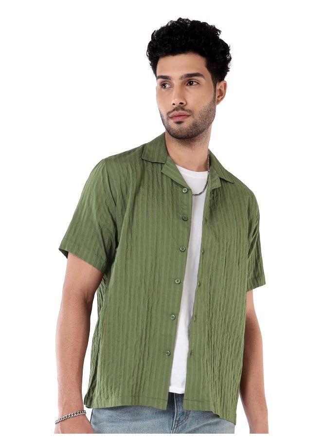 Beyoung - Sage Green Striped Casual Shirt for Men - Image 1