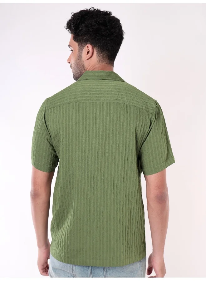 Beyoung Sage Green Striped Casual Shirt for Men