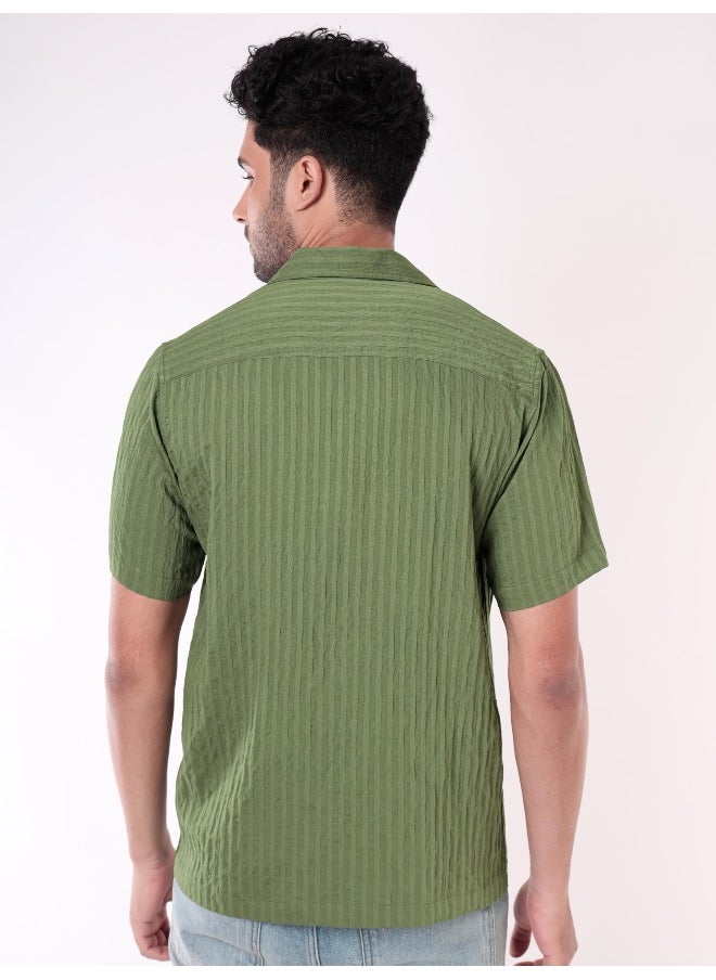 Beyoung - Sage Green Striped Casual Shirt for Men - Image 1