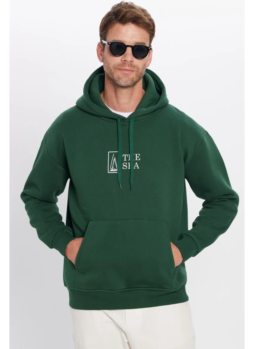 Tudors Oversize Wide Cut Cotton Soft Textured Polar Fleece Inside Printed Green Hooded Sweatshirt