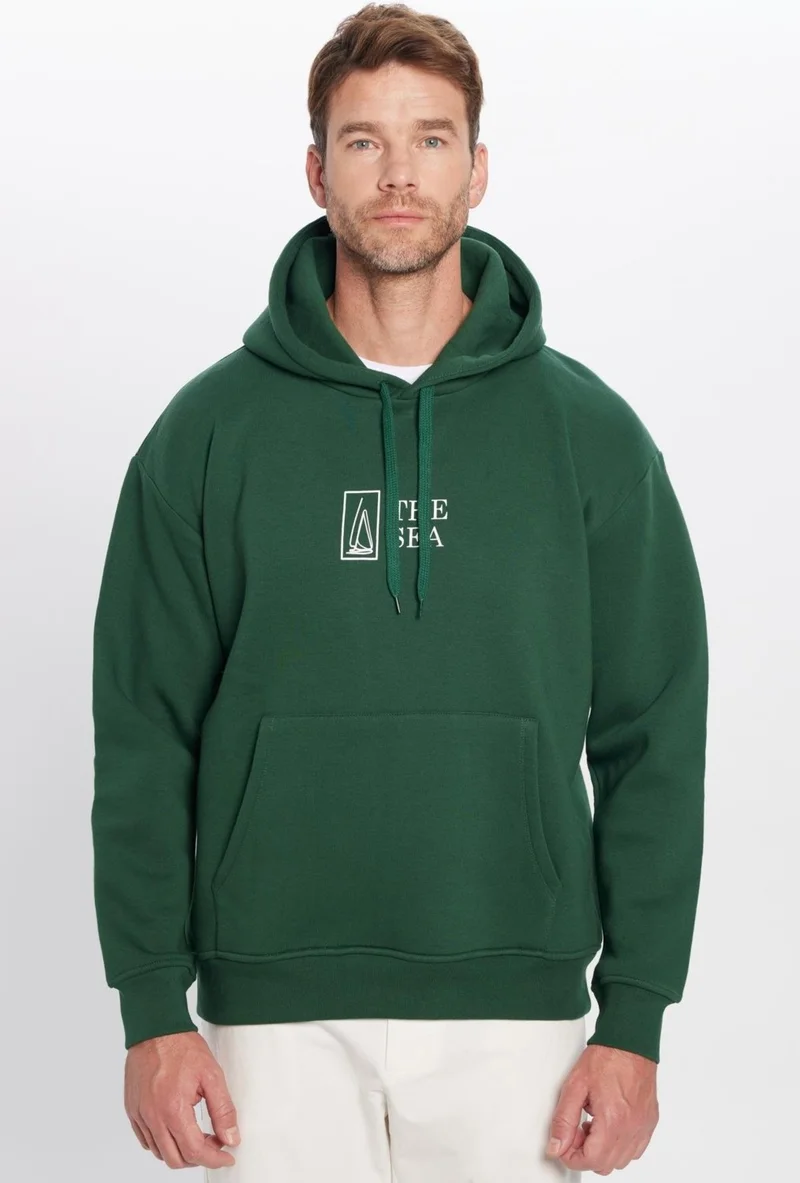 تودورس Oversize Wide Cut Cotton Soft Textured Polar Fleece Inside Printed Green Hooded Sweatshirt