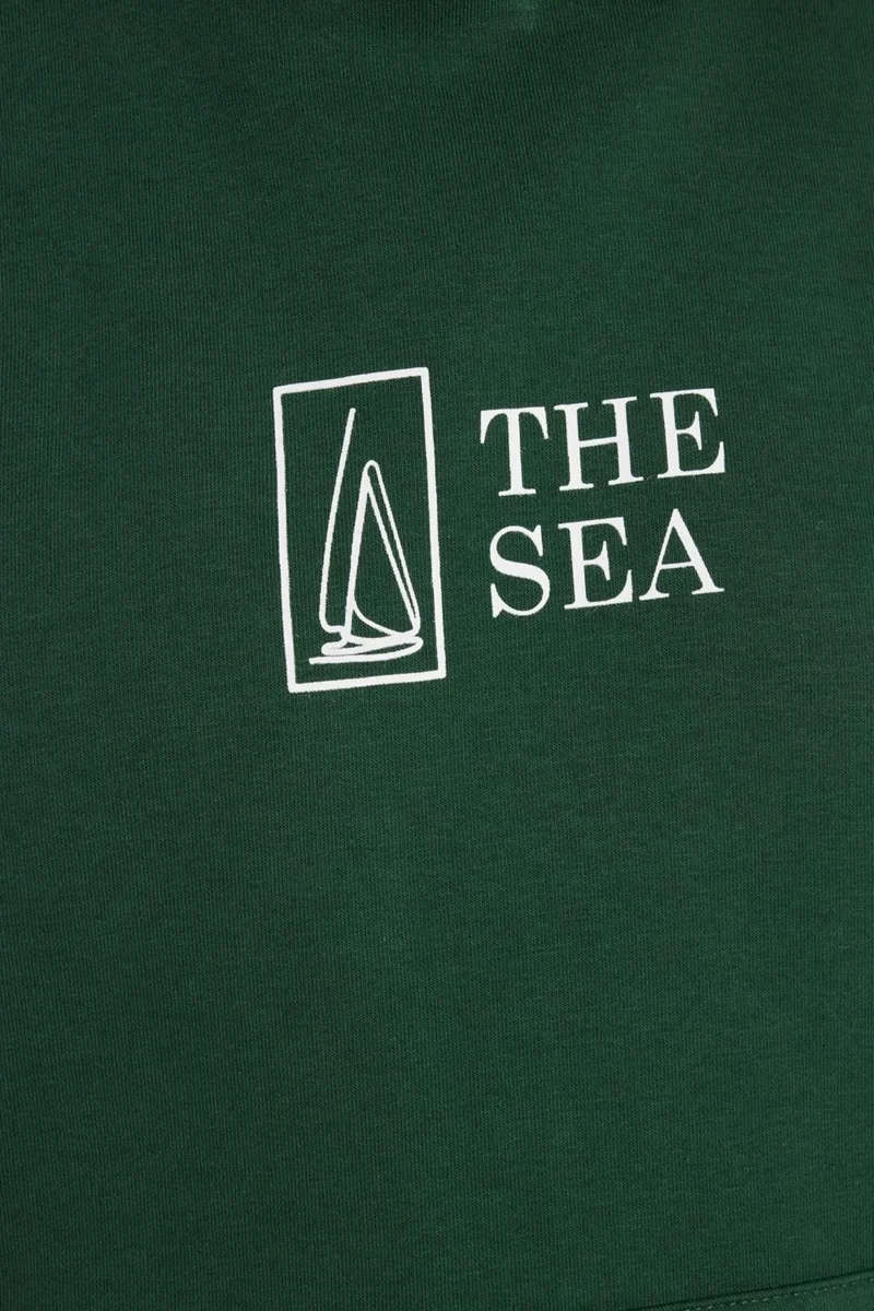 تودورس Oversize Wide Cut Cotton Soft Textured Polar Fleece Inside Printed Green Hooded Sweatshirt