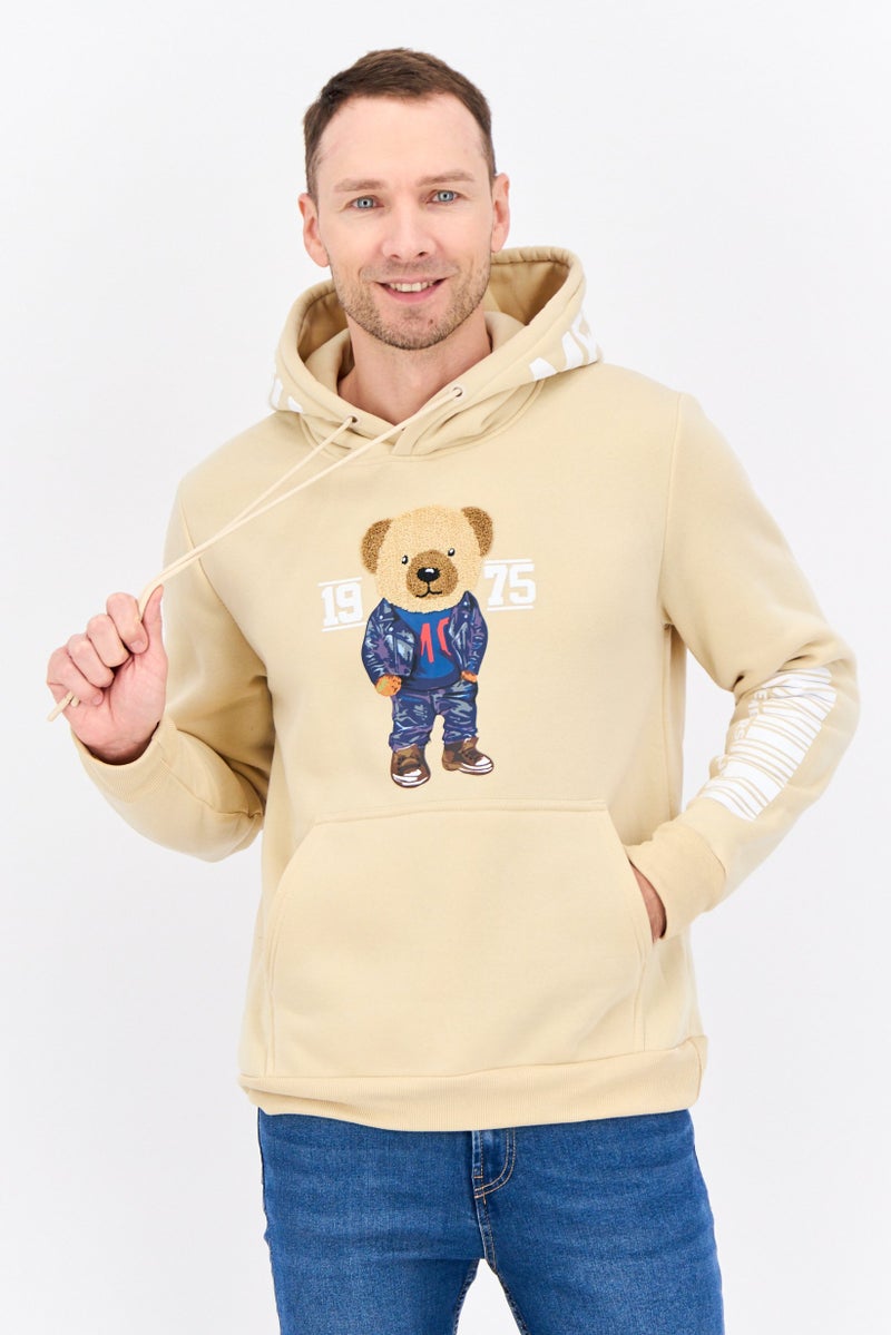 MEMBERS ONLY سويت شيرت رجالي بقلنسوة بأكمام طويلة مطرزة، بيج - Image 1