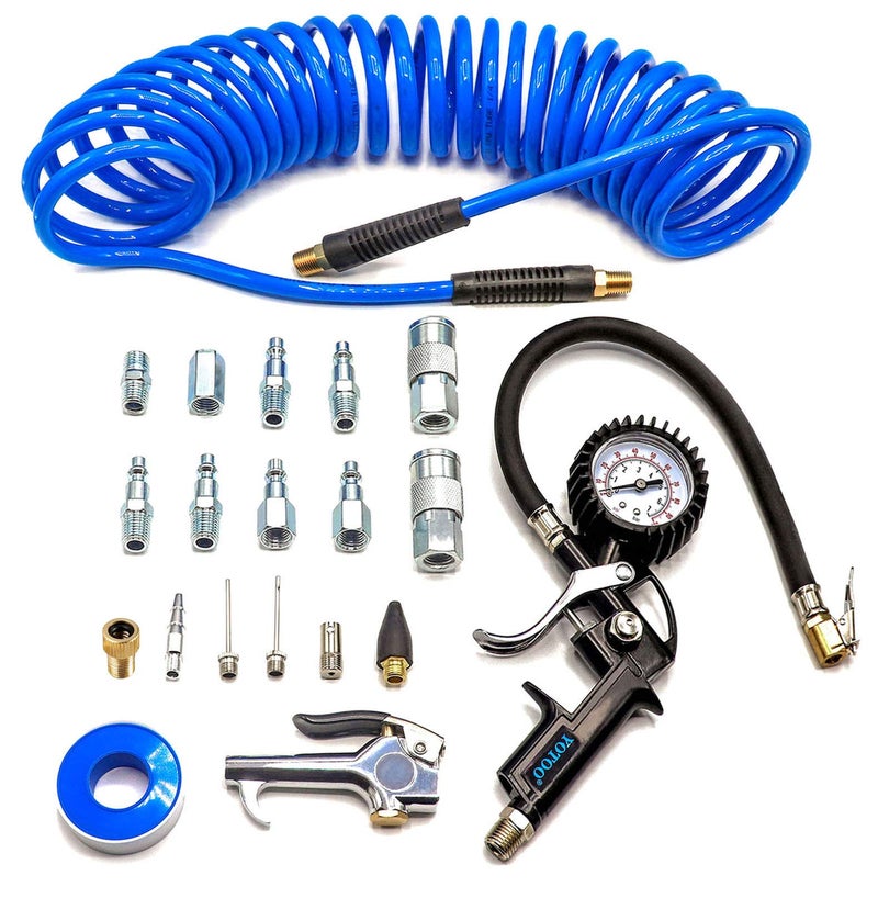 YOTOO Heavy Duty Air Compressor Accessories Kit 20 Pieces with 1/4 inch x 25 feet Polyurethane Air Compressor Hose, 100 PSI Tire Inflator Gauge, Air Blow Gun and Air Hose Fittings - Image 1