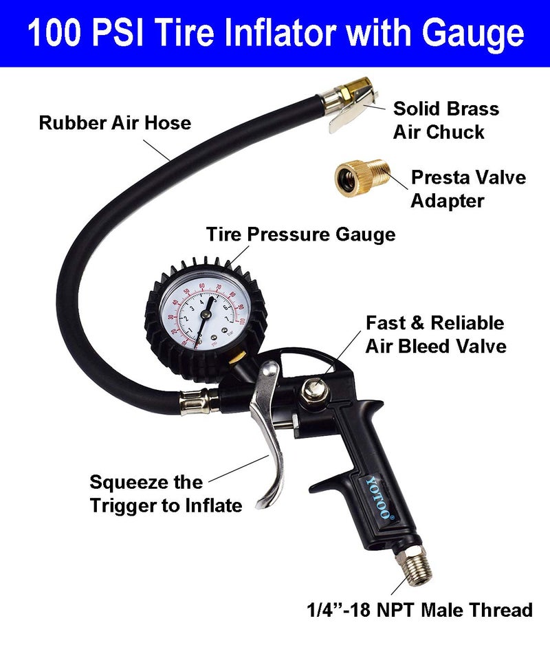 YOTOO Heavy Duty Air Compressor Accessories Kit 20 Pieces with 1/4 inch x 25 feet Polyurethane Air Compressor Hose, 100 PSI Tire Inflator Gauge, Air Blow Gun and Air Hose Fittings - Image 2