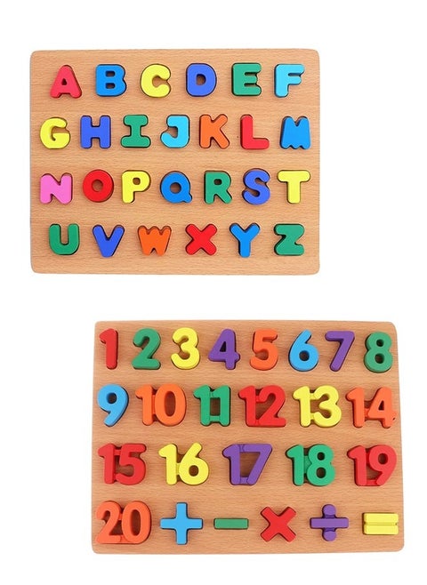 53 Pieces of Wooden Board Learning Toy A to Z Alphabet, 1 to 20 Counting Numbers, Multiple Shapes Educational Activity Game for Kids (Set of 2)