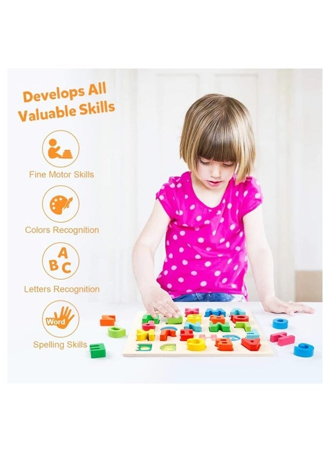 53 Pieces of Wooden Board Learning Toy A to Z Alphabet, 1 to 20 Counting Numbers, Multiple Shapes Educational Activity Game for Kids (Set of 2)