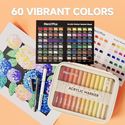 MemOffice Direct Liquid Acrylic Paint Markers, 60 Colors Brush Tip Pens with Carrying Case, No Bleed, Waterproof, for Rock, Wood, Canvas, Glass, Fabric, DIY Crafts for Adults - Image 5