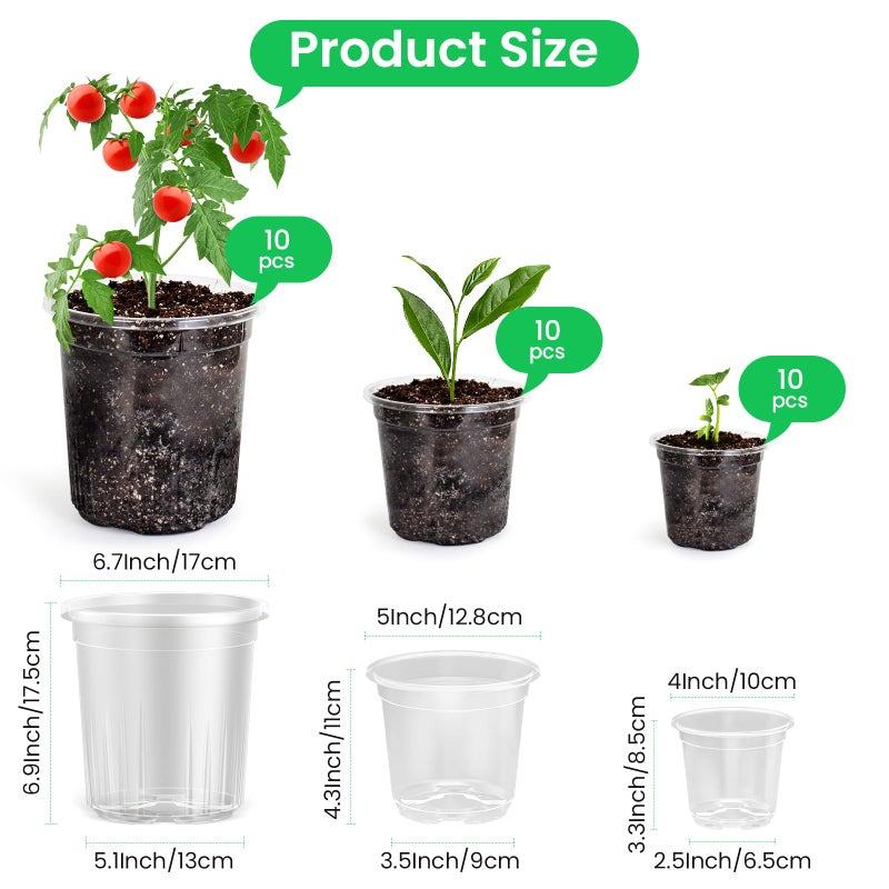 Bluepro 30 Packs 7/5/4 Inch Reinforced Clear Nursery Pots with Drainage Hole, Transparent Variety Pack Plastic Plant Pot Seedling Planter for Vegetable Propagation, Root Cutting, Seed Starting - Image 2