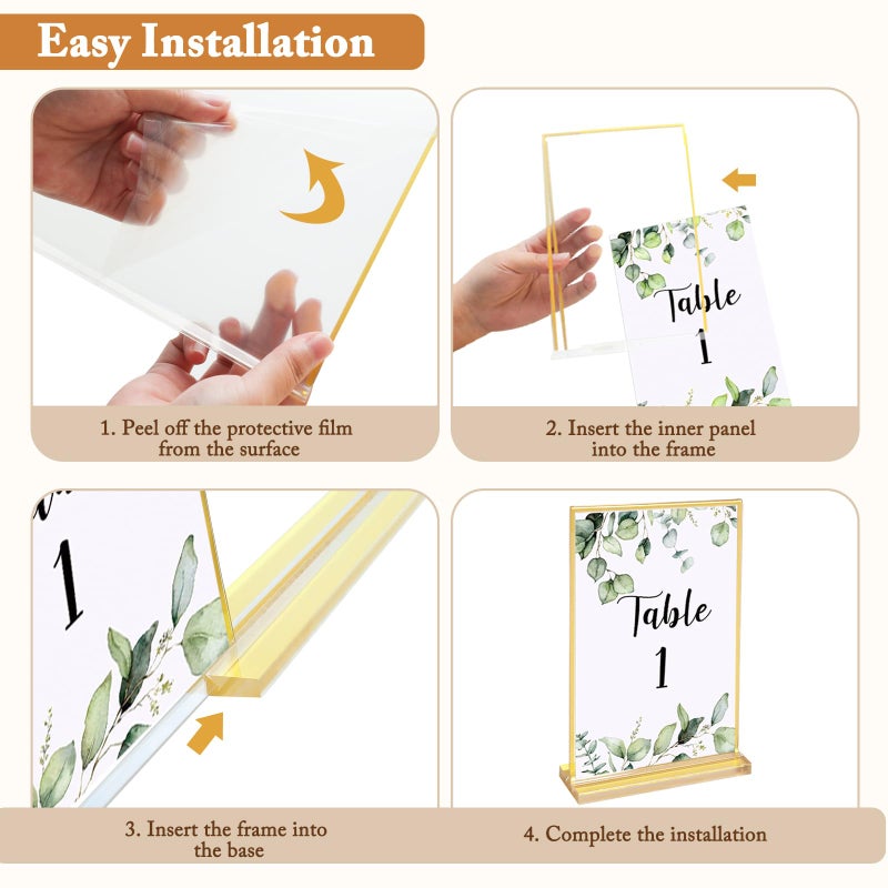 Floroom 6 Pack 5x7 Inch Clear Acrylic Sign Holders, Double-Sided Gold Display Stand Picture Frames for Table Numbers, Menus, Flyers, Weddings, and Offices - Image 3