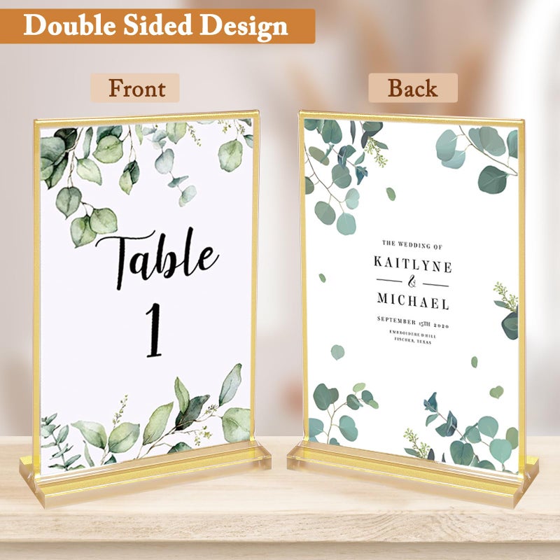 Floroom 6 Pack 5x7 Inch Clear Acrylic Sign Holders, Double-Sided Gold Display Stand Picture Frames for Table Numbers, Menus, Flyers, Weddings, and Offices - Image 4