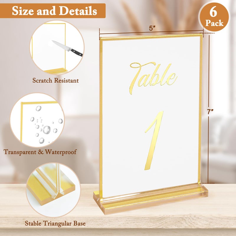Floroom 6 Pack 5x7 Inch Clear Acrylic Sign Holders, Double-Sided Gold Display Stand Picture Frames for Table Numbers, Menus, Flyers, Weddings, and Offices - Image 2