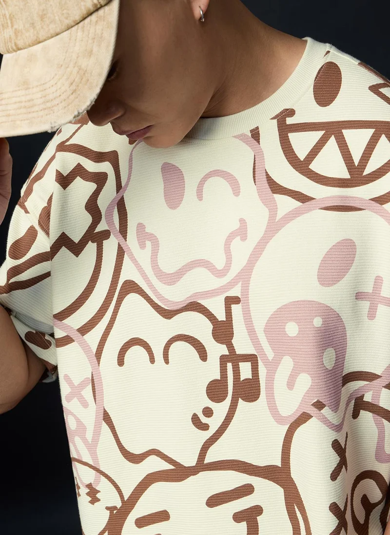 The Souled Store  The Souled Store Smiley: All The Feels Men and Boys Short Sleeves Round Neck Off White Graphic Printed Doodle Art Oversized T-Shirt for Men | Best Price UAE