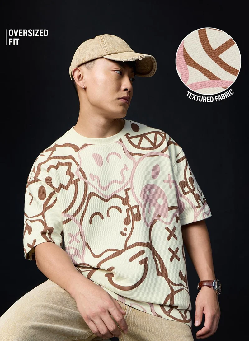 The Souled Store  The Souled Store Smiley: All The Feels Men and Boys Short Sleeves Round Neck Off White Graphic Printed Doodle Art Oversized T-Shirt for Men | Best Price UAE