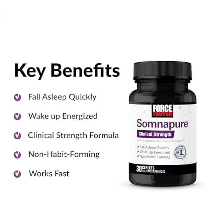 Force Factor Somnapure Clinical Strength Sleep Aid for Adults, Diphenhydramine HCl, Non-Habit-Forming, Nighttime Sleep Support, 30 Caplets - Image 2