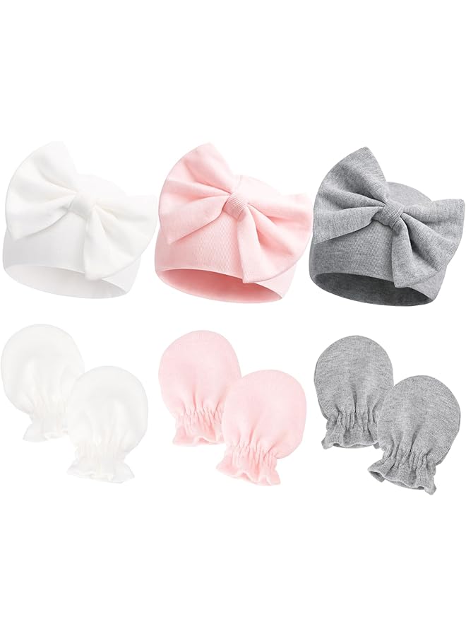 Newborn Hospital Hats Gloves Baby Infant Bow Beanie Cotton Caps No Scratch Hat Mittens Set For 0 6 Months - Image 1