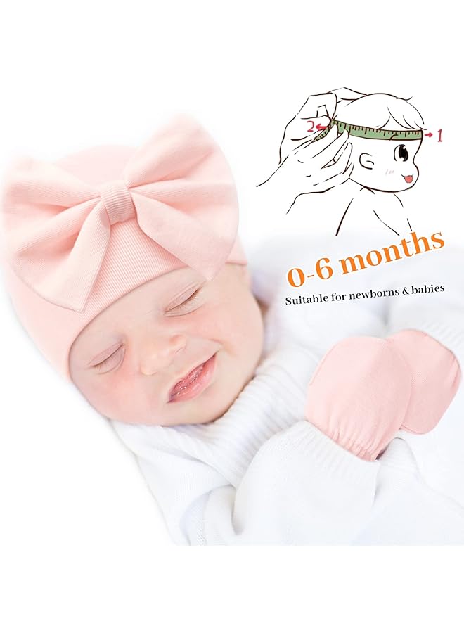 Newborn Hospital Hats Gloves Baby Infant Bow Beanie Cotton Caps No Scratch Hat Mittens Set For 0 6 Months - Image 3