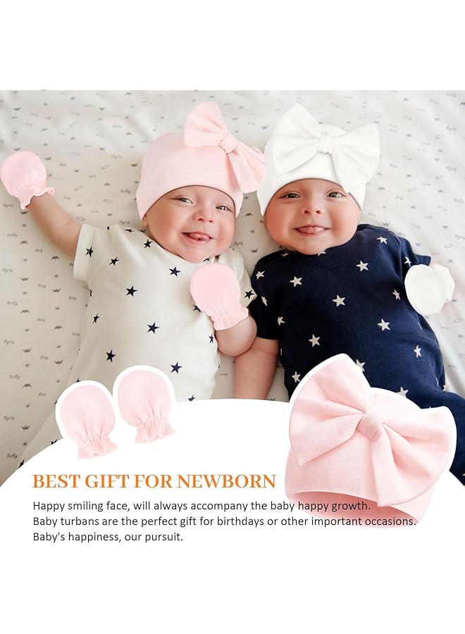 Newborn Hospital Hats Gloves Baby Infant Bow Beanie Cotton Caps No Scratch Hat Mittens Set For 0 6 Months - Image 2
