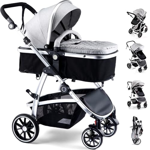 Hagaday Baby Stroller 2in1 Reversible Toddler Seat with Basket Mode Foldable Infant Stroller with Canopy One Button Brake Adjustable Handle Newborn Pushchair Gray