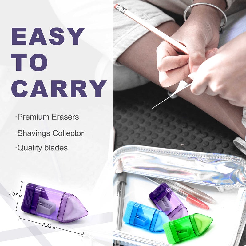 Sonuimy Manual Pencil Sharpeners With Eraser  Compact Small Colored Pencil Sharpener  Handheld Pencil Sharpener For No.2/Hb Pencil Kids Adults Students School Class Home Office (Built-In Eraser) - Image 2