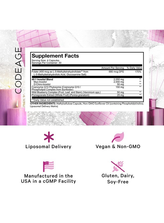 Codeage Liposomal Ovarian Inositol + Supplement Myoinositol Dchiroinositol Folate  Coq10 Phytosome 40:1 Blend For Hormonal Balance And Fertility Support Vegan Nongmo 120 Capsules - Image 2