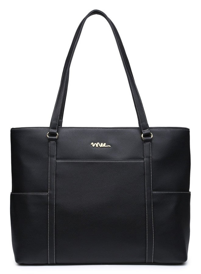 NNEE Classic Laptop Leather Tote Bag for 15 15.6 inch Notebook Computers Travel Carrying Bag with Smart Trolley Strap Design - Black - Image 1