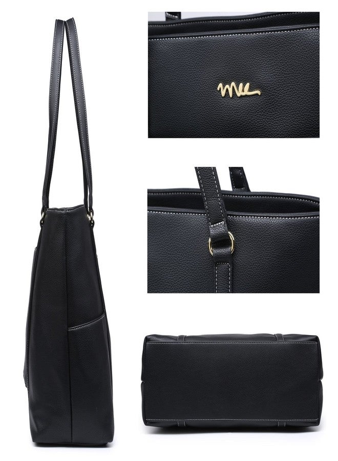 NNEE Classic Laptop Leather Tote Bag for 15 15.6 inch Notebook Computers Travel Carrying Bag with Smart Trolley Strap Design - Black - Image 4