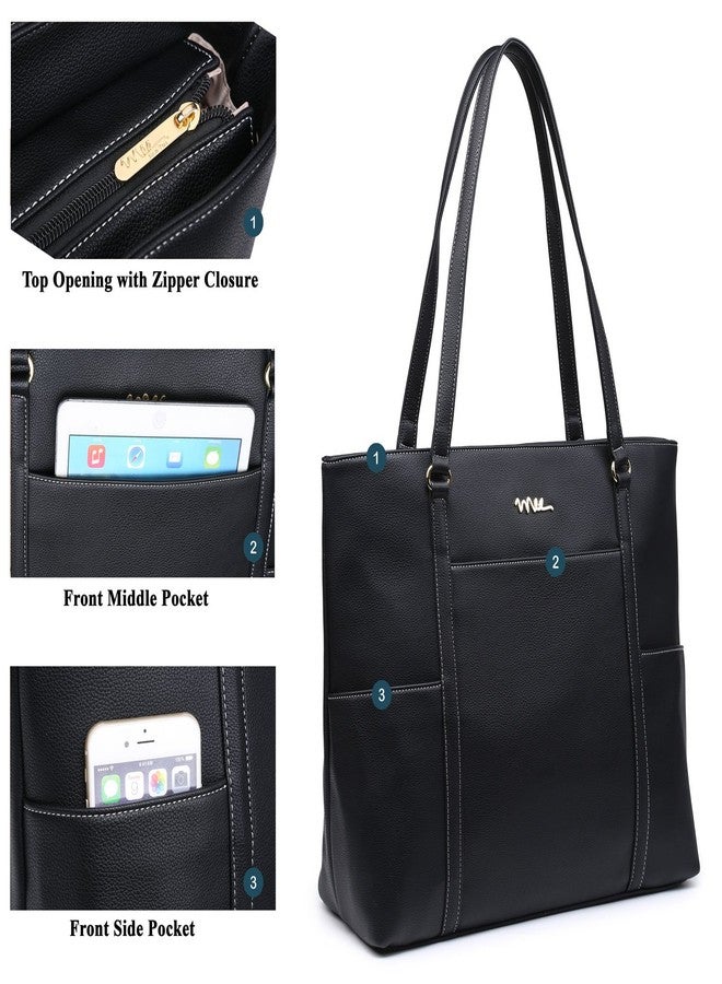 NNEE Classic Laptop Leather Tote Bag for 15 15.6 inch Notebook Computers Travel Carrying Bag with Smart Trolley Strap Design - Black - Image 3