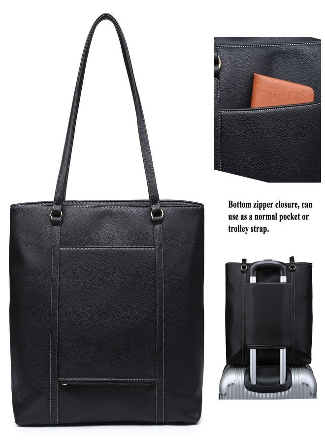 NNEE Classic Laptop Leather Tote Bag for 15 15.6 inch Notebook Computers Travel Carrying Bag with Smart Trolley Strap Design - Black - Image 2