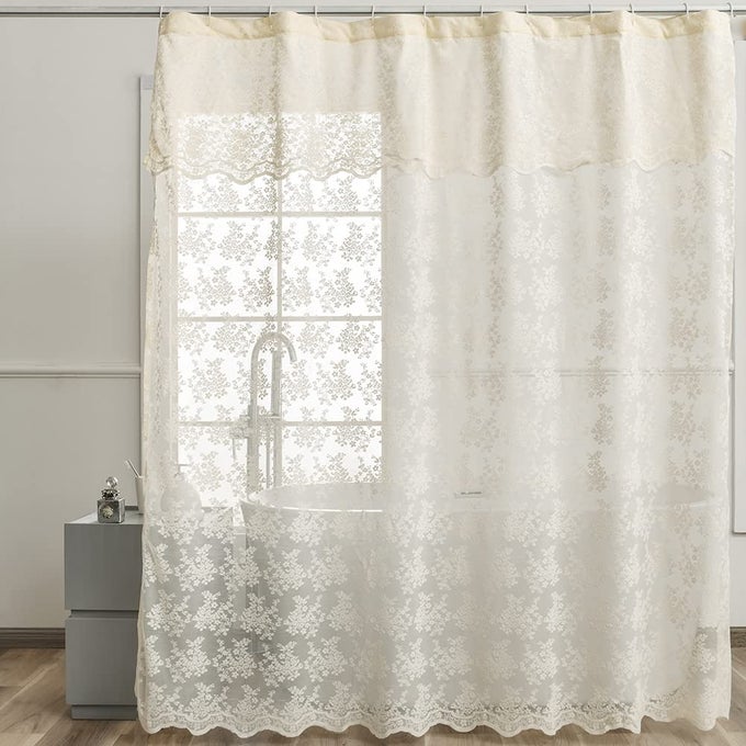 IVORY LACE SHOWER CURTAIN SHABBY CHIC FLOWER SHOWER CURTAIN WITH ATTACHED VALANCE LUXURY LACE SHOWER CURTAIN FOR BATHROOM FARMHOUSE SHOWER CURTAINS 72 X 72 INCH LIGHT BEIGE
