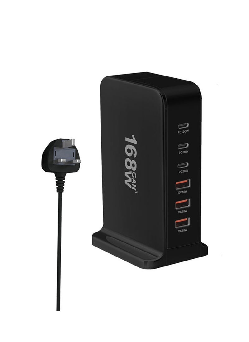 DIGI CORE Multi USB Charger, 168W USB C Fast Charger 8-Port Charging Station Portable USB And Type C Charging Station, Wall Charger Power Strip Adapter 168W Gan USB Type C Fast Charger, Multiple Use UK Plug Black  - Image 1