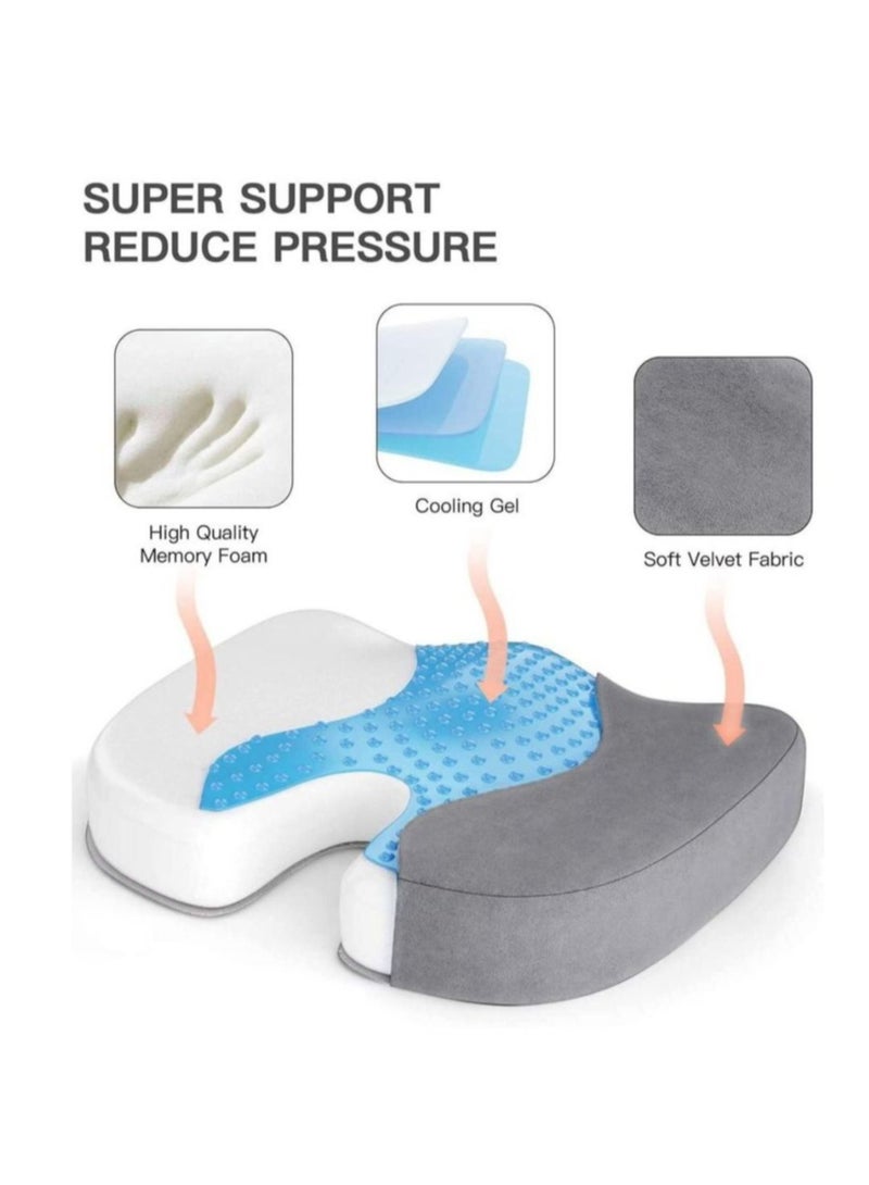 Gel Seat Cushion Memory Foam Coccyx Cushion U Shape with Soft Velour Cover Non Slip Bottom for Sciatica Tailbone Low Back Pain Herniated Disc Car Home Office Wheelchair Grey