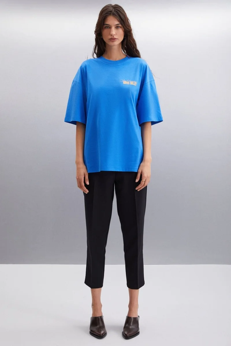 جريميلانج Gillian Women's Front and Back Print Detail Oversize & 100 Organic Cotton Parliament Blue T-shirt