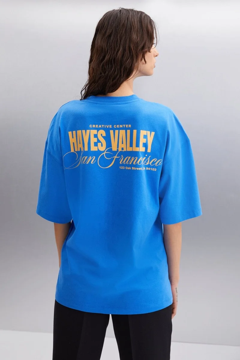 جريميلانج Gillian Women's Front and Back Print Detail Oversize & 100 Organic Cotton Parliament Blue T-shirt