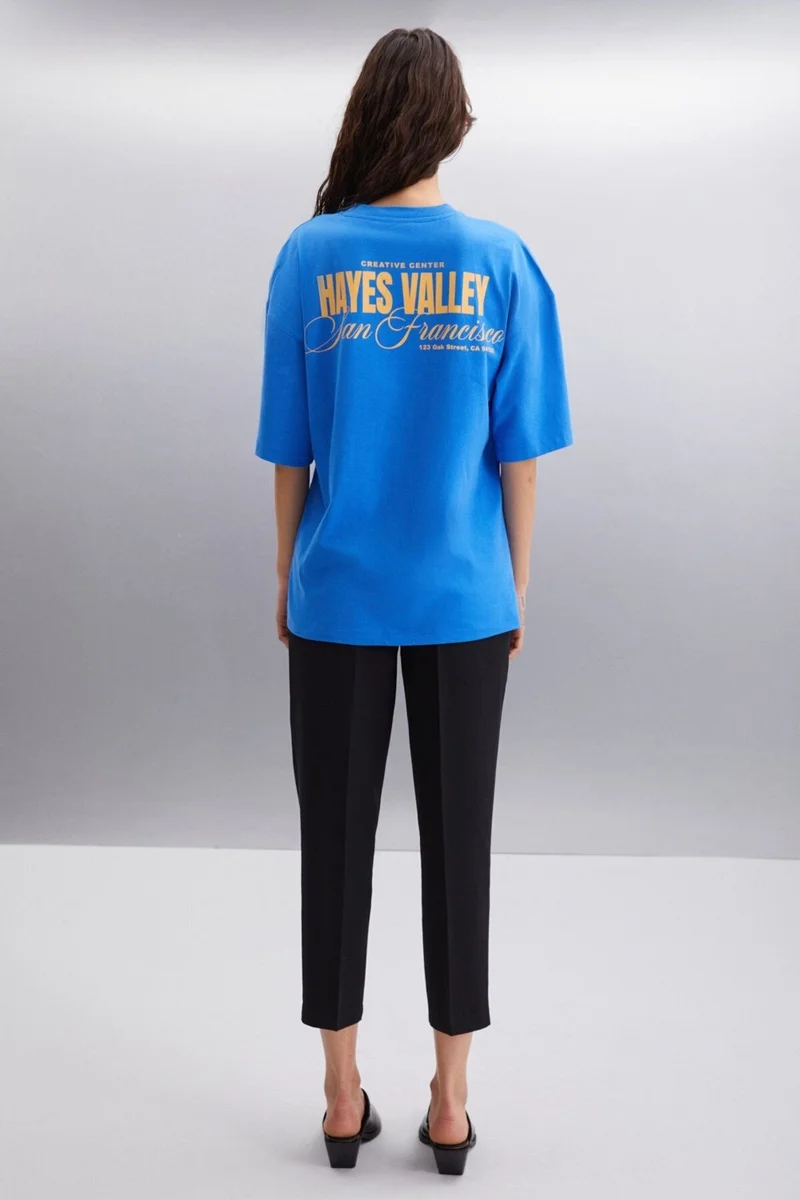 جريميلانج Gillian Women's Front and Back Print Detail Oversize & 100 Organic Cotton Parliament Blue T-shirt