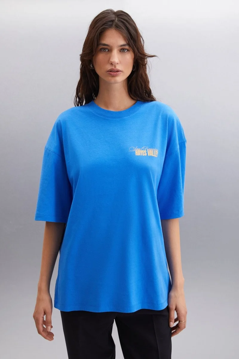 جريميلانج Gillian Women's Front and Back Print Detail Oversize & 100 Organic Cotton Parliament Blue T-shirt