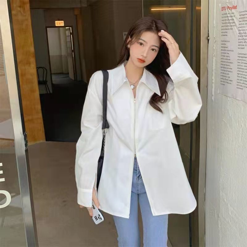 Lazy style white shirt womens new high-end design large lapel zipper shirt pointed collar stacked long-sleeved top White