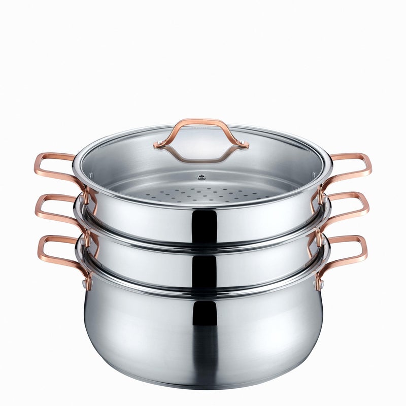 CONCORD Premium Stainless Steel 3 Tier Steamer wRose Gold Handles 30 cm