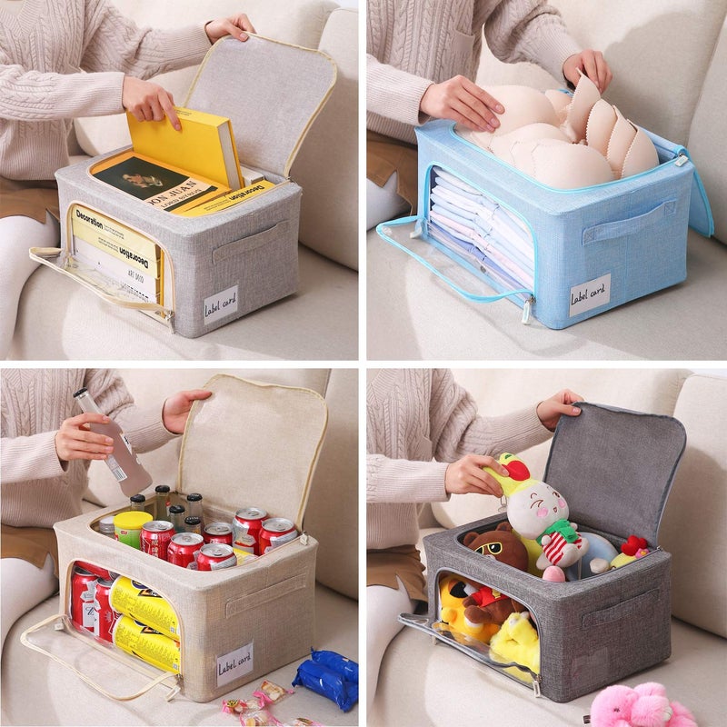 CYhom 3Pack Foldable Storage Bins - Frame Storage Box Linen Fabric Stackable Clothes Container Organizer with Clear Window & Carry Handles Large Capacity (Small-22L, Beige) - Image 3