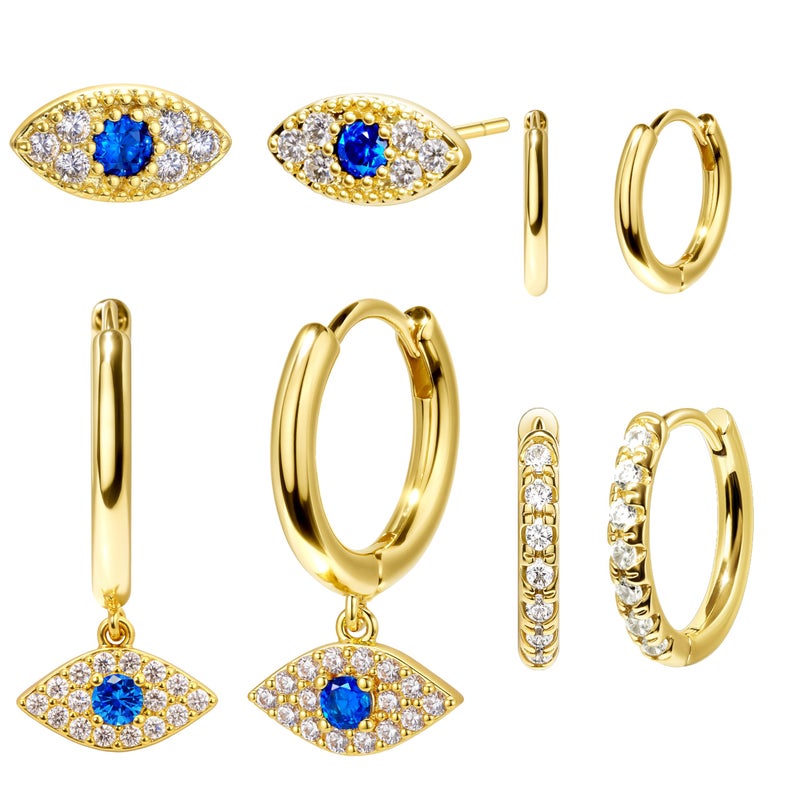 Poxtex Evil Eye Earrings Set for Women, Gold Evil Eye Dangle Stud Hoop Earring Set for Multiple Piercing, Dainty Earrings for Everyday Wear Protection Jewelry - Image 1